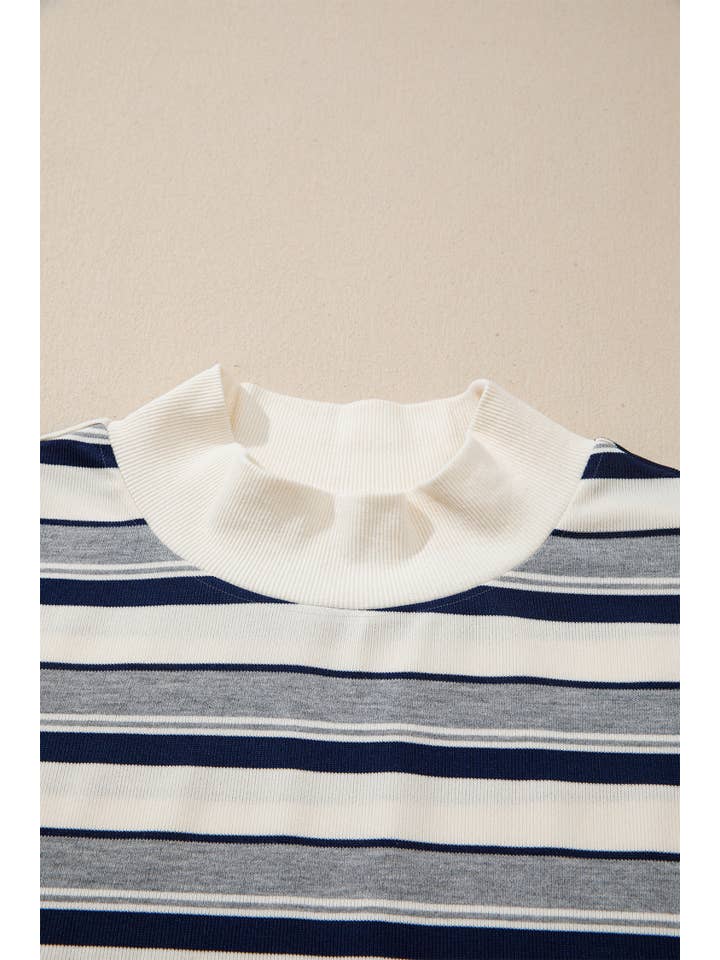 PRETTY BASH Stripe Ribbed Mock Neck Long Sleeve Sweatshirt