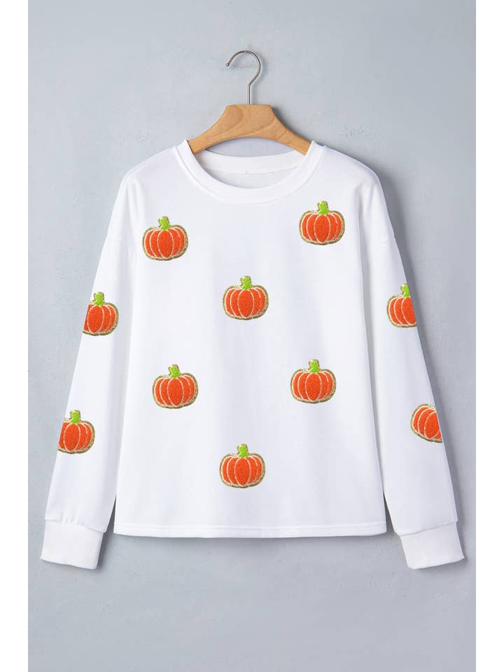 Las Fall Glitter Chenille Pumpkin Sweatshirt (S-Xl)