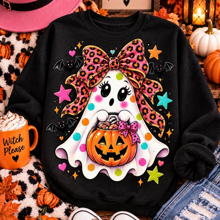 Polka Dot Halloween Ghost Sweatshirt, Pink Leopard Bow Shirt — view 2