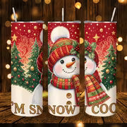 1pc 20oz Christmas Snowman with Red Hat And Scarf Standing In Front Of Decorated Pine Trees Under Starry Sky I M — view 1
