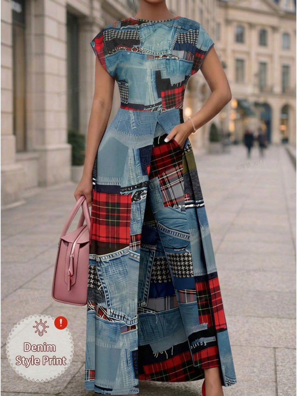 The Retro Verdict | Plaid Cap-Sleeve Slit Dress & Slim Pant 2-Piece Set — view 3 of 3