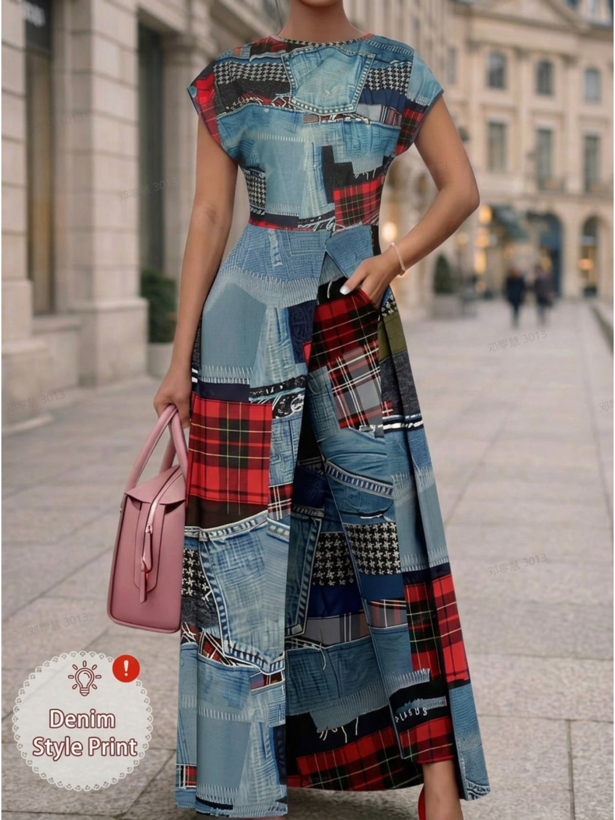The Retro Verdict | Plaid Cap-Sleeve Slit Dress & Slim Pant 2-Piece Set — view 3 of 3