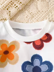 2pcs Set, 1- Girls Sweet Set, Orange Retro Mirad Color Floral Print Thickened Warm Round Neck Long Sleeve — view 4