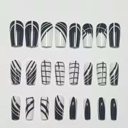 24pcs Black And White Geometric Stripe Square Press-On Nails, Minimalist Checkered Diagonal Lines Premium Glossy — view 5