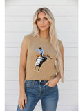 PRETTY BASH Western Cowboy Embroidered Round Neck Sleeveless