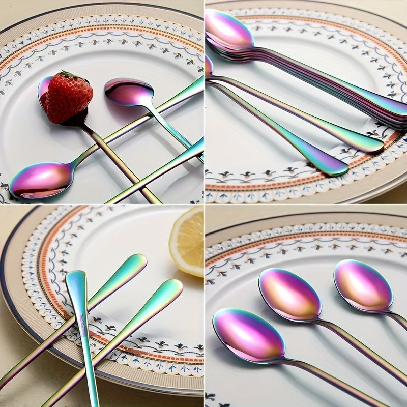 8pcs Rainbow Stainless Steel Dessert Spoon Set - Durable, Polished & Dishwasher Safe - Ideal for Coffee, Iced Tea & Cocktails - Perfect for Home, Kitchen, or Party Use - For Everyday Dining & Entertaining - Great Gift for Housewarming & Special Occasions