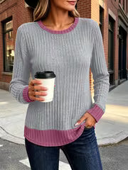 Women's Color Blocked Pit Stripe Round Neck Long Sleeved Contrasting Pullover Casual Loose And Winter Top L XXL — view 10