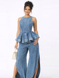 Washed Denim Barrel Jean with Side Slits