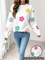 Women'S Loose Round Neck Full Print Sweatshirt, Floral Print Long Sleeve Pullover, Oversized Drop Shoulder — view 4