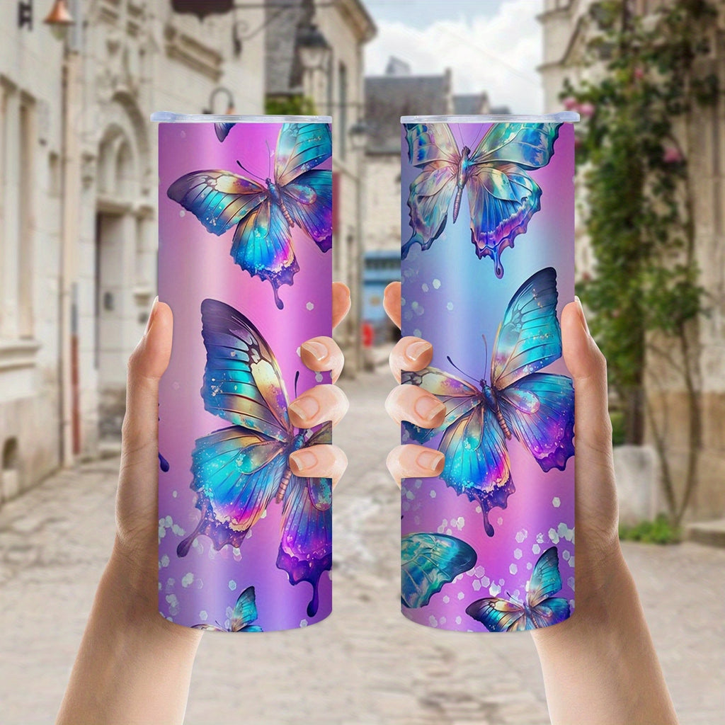 20oz Insulated Stainless Steel Tumbler with Straw - Vibrant Butterfly Print