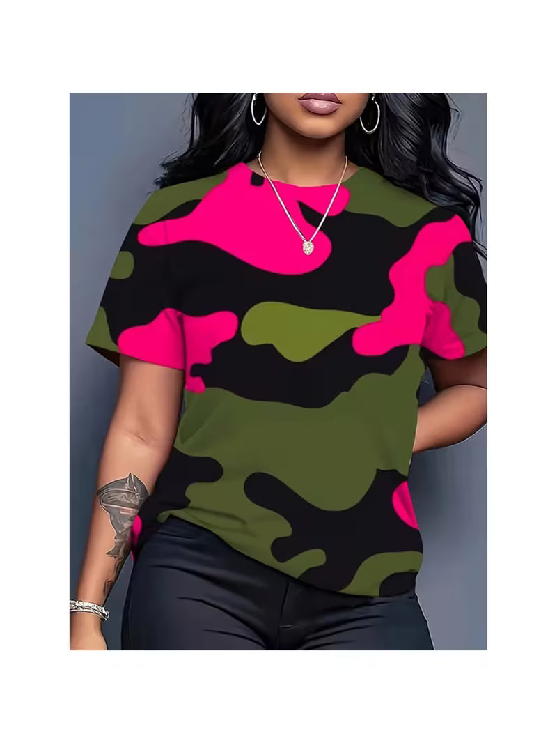 Oversized Women'S T-Shirt Featuring a 3D Camouflage Print in Pink, Green, Black, And White. This Casual Yet — view 6