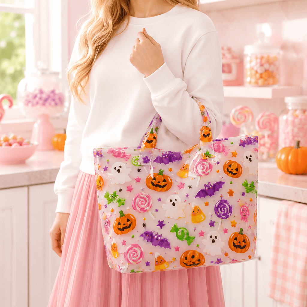 Women' Large PVC Tote Bag Suitable for Beach Vacation & Gym - Cute Candy Print with Lollipop, Bat, Pumpkin & Reusable Style Shopping Bag with Buckle Closure, PVC Carryall for Daily Use, Short Trips