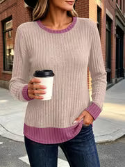 Women's Color Blocked Pit Stripe Round Neck Long Sleeved Contrasting Pullover Casual Loose And Winter Top L XXL — view 9