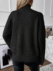 Ladies Mock Layer Turtleneck Cut Out Shoulder Jumper V-Neck Drop Shoulder Long Sleeve Oversized Casual — view 3