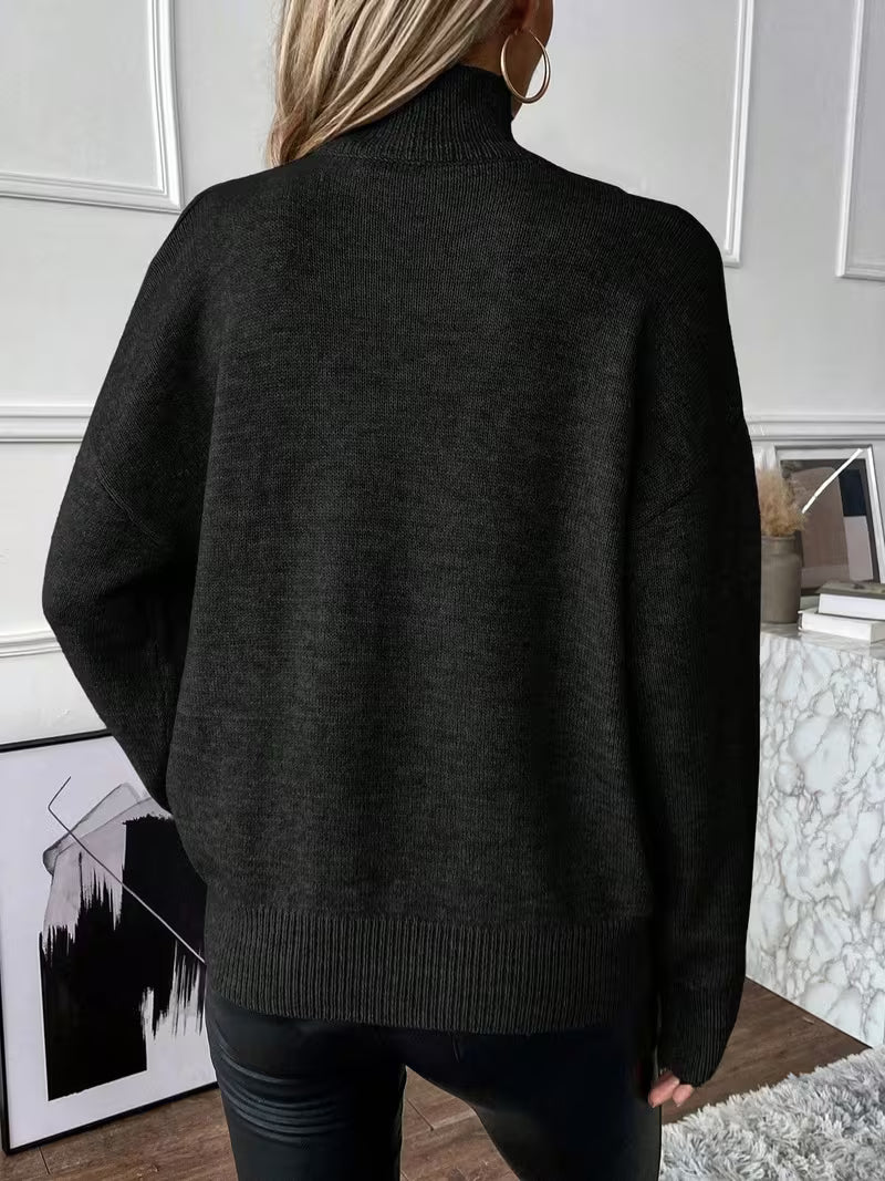Ladies Mock Layer Turtleneck Cut Out Shoulder Jumper V-Neck Drop Shoulder Long Sleeve Oversized Casual — view 4