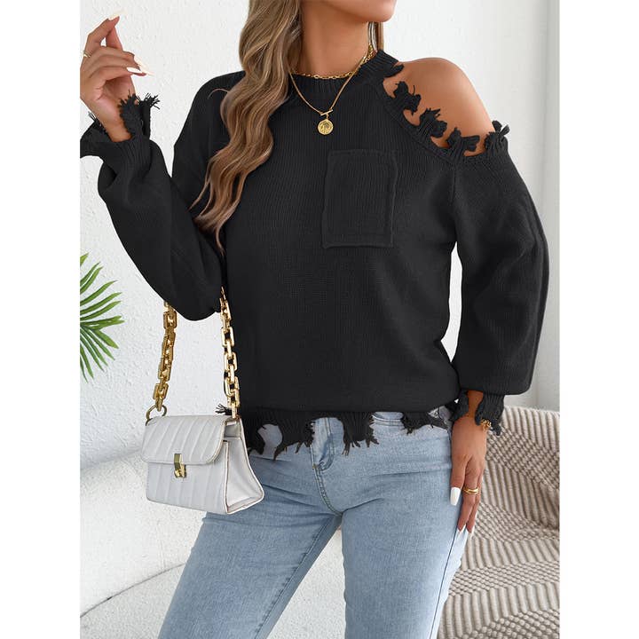 Casual Off-Shoulder Distressed Hem Pullover Sweater BJS337