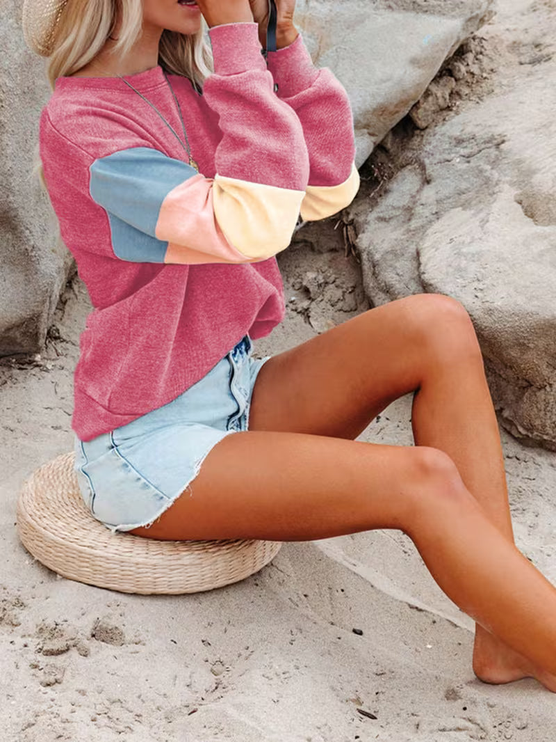 Fall Winter New Arrival Women'S Crew Neck Color Block Panel Long Sleeve Pullover Top, Ladies' Contrast Stripe — view 6