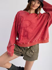 Women's Flower Print Sweatshirt Long Sleeve Pullover Solid Color Sweatshirt Crew Neck Tops Tees Y2k T Shirt — view 3