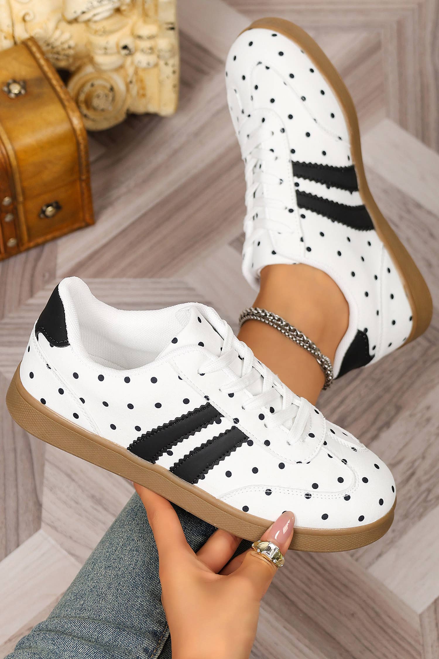 Polka Dot Print Pu Leather Color Block Casual Sneakers