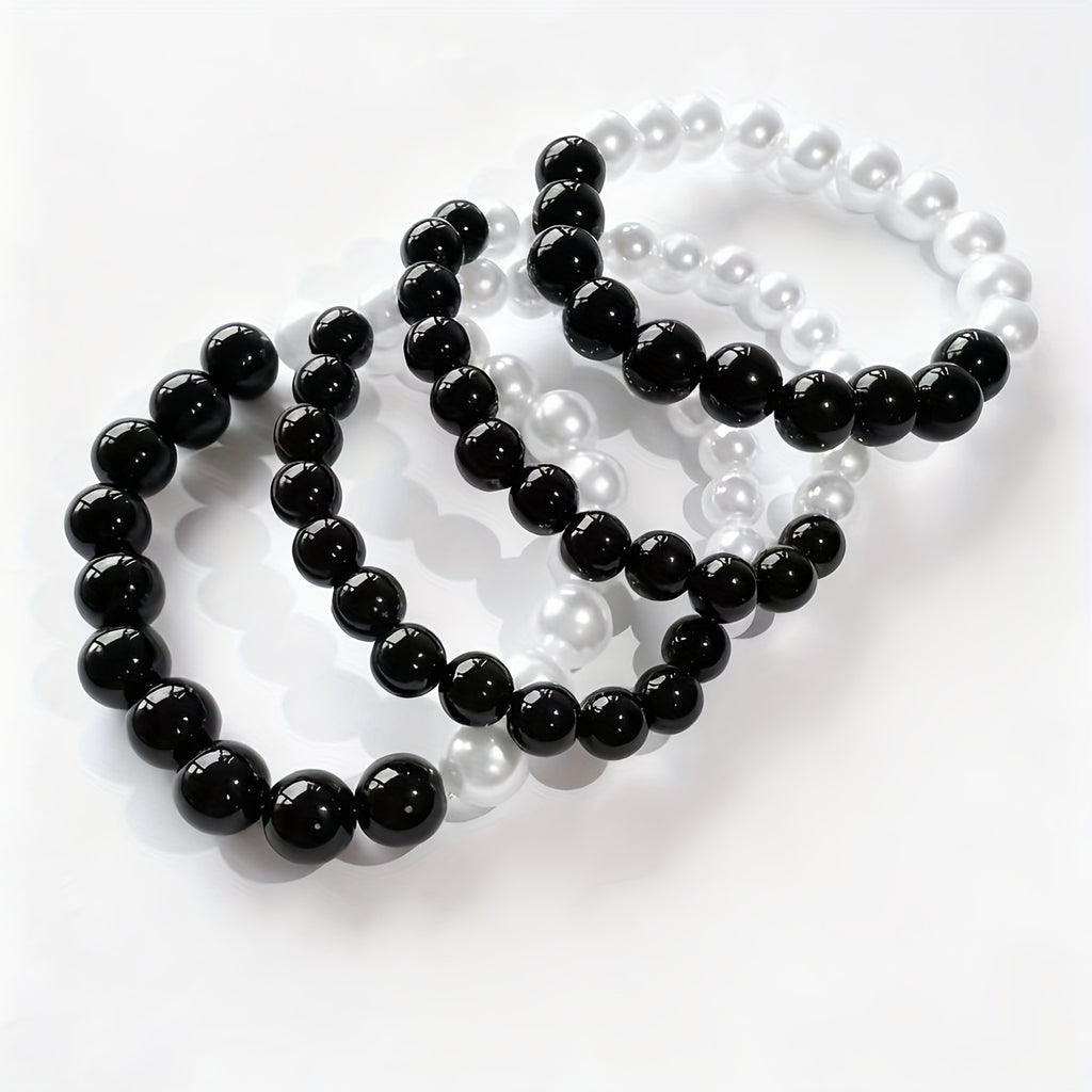 4pcs Fashion Simple Black and White Beaded Elastic Bracelets for Women's Daily Wear