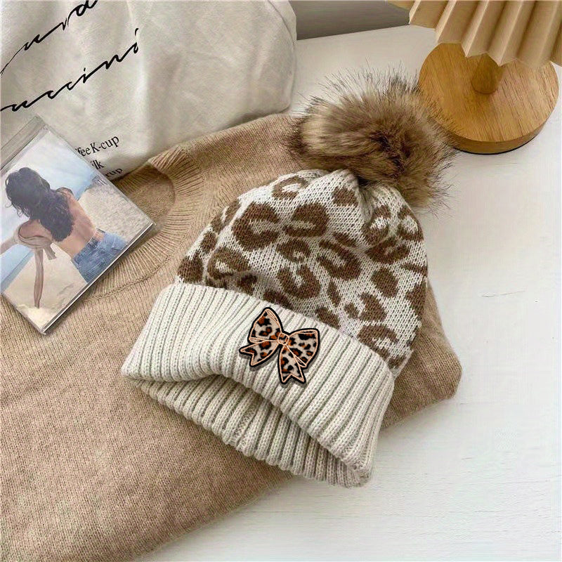 Women's Leopard Print Beanie with Faux Pom-Pom & Heart
