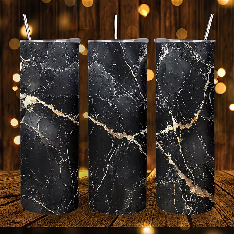1pc 20oz Black Marble Golden Vein Stainless Steel Insulated Tumbler with Lid, Leakproof BPA Free Travel Coffee — view 7
