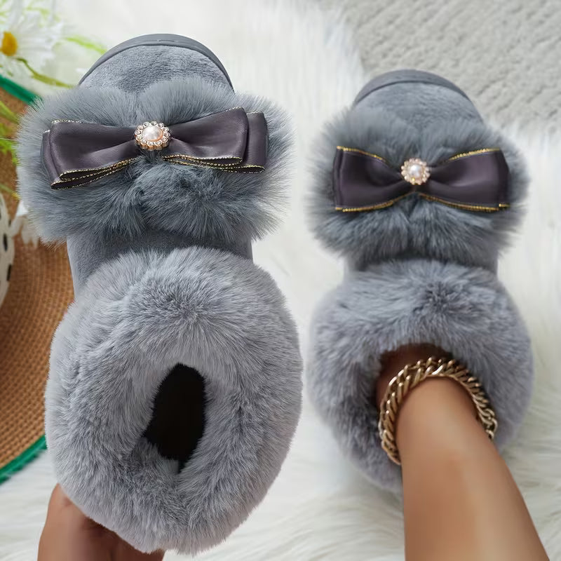 Bow Decorated Winter Fashion Women's Warm Non-Slip Home Shoes with Heel and Toe Cover, Women Shoes