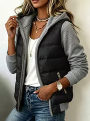 Women's Fashion Patchwork Color-Block Quilted Jacket, Long Sleeve Hooded Winter Jacket, an Essential for Autumn — view 3