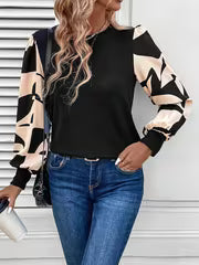 Women's T-shirt, Round Neck Top with Spliced Sleeves, Color-blocked, Suitable for Daily Casual, Elegant, and — view 5