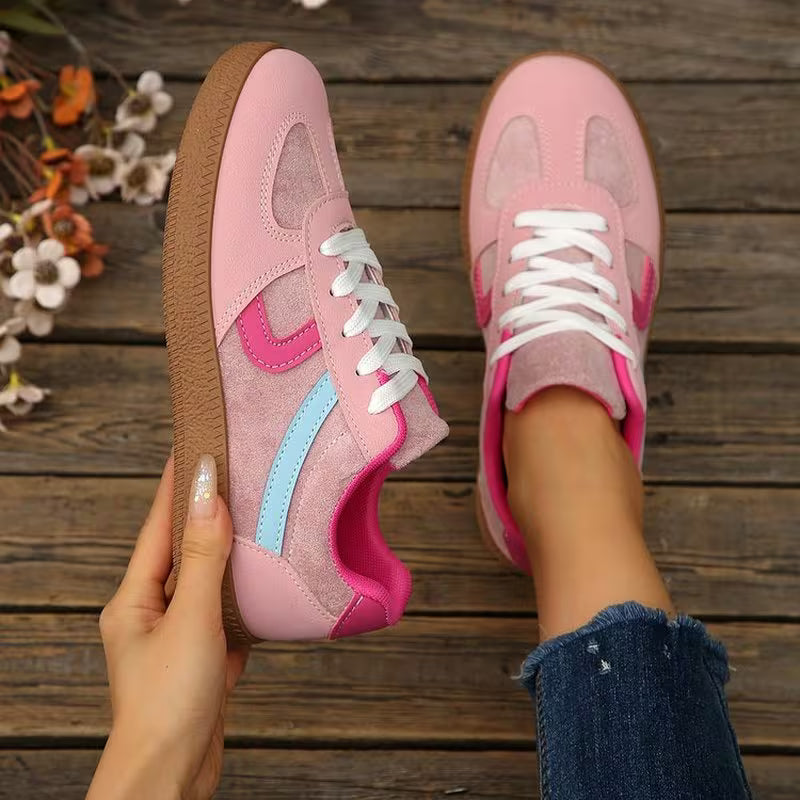 Women Color Block Shape Logo Retro Low Top Sneakers, Lace Up Gum Sole Soft Comfort Casual Walking Shoes, Women Shoes