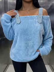 [Printed Pants - Not Faux Denim Fabric]Autumn Winter Casual Faux Denim Patchwork Plush Off-Shoulder Pullover — view 1
