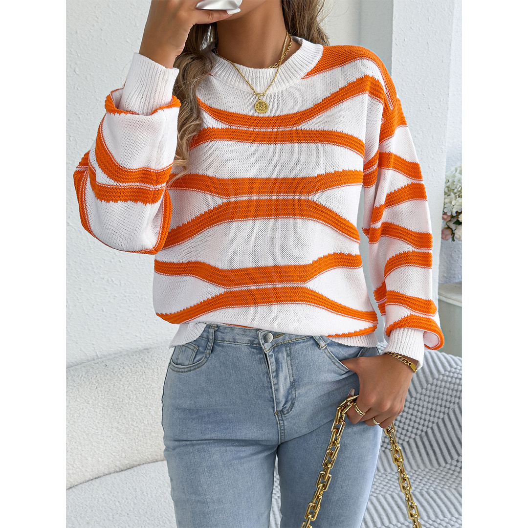 Color Block Striped Lantern Sleeve Pullover Sweater BJS347