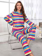 1. Women Round Neck Long Sleeve Colorful Rainbow Stripe Print Set Soft Friendly Spring Autumn Casual Home Long — view 5