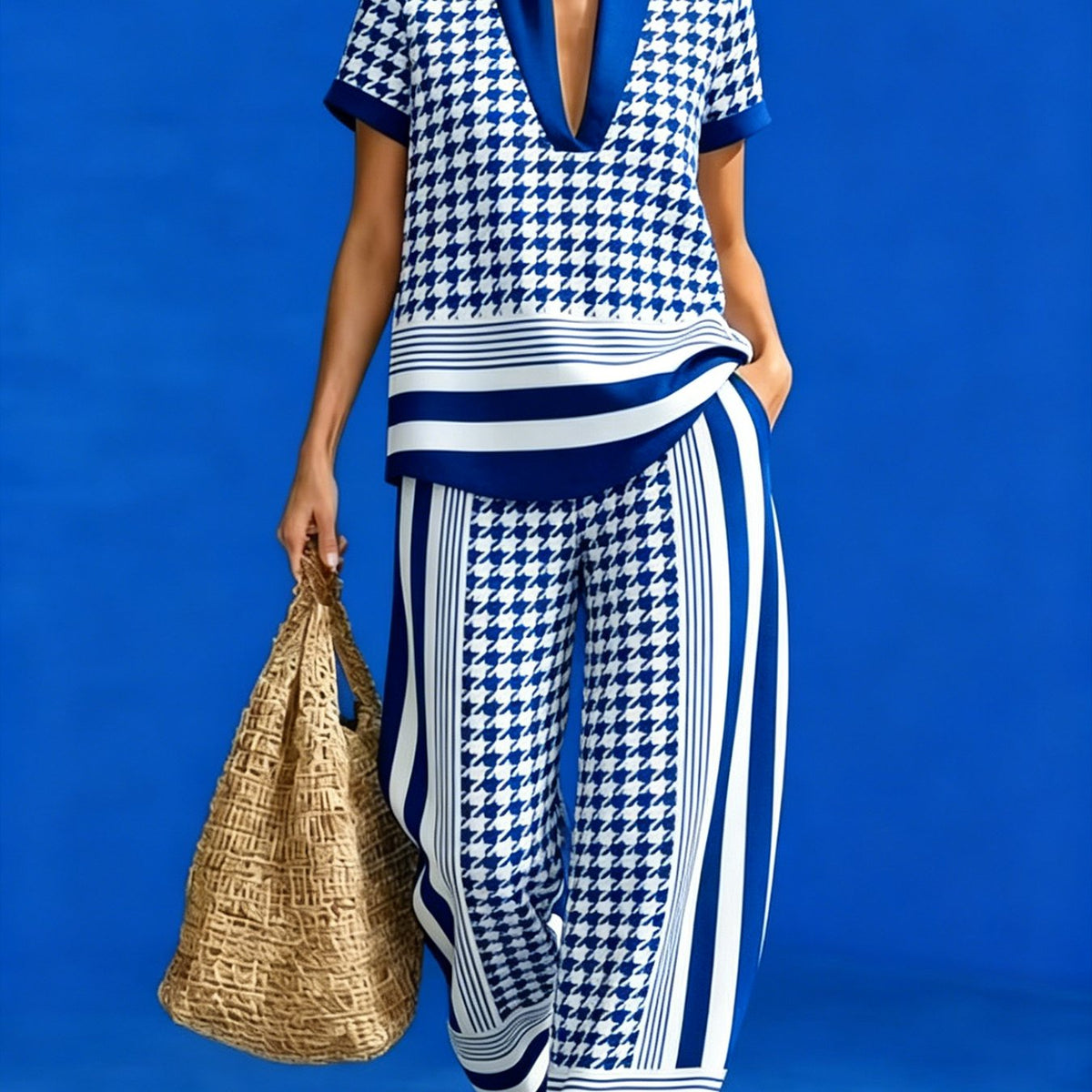 The Board Room Exit | Black & White Houndstooth V-Neck Top & Wide-Leg Pant Set — view 2 of 7