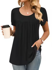 Women's Fashion Pleated Front Round Neck Petal Sleeve Casual Top, Elegant Short-Sleeved T-Shirt for Layering or — view 6