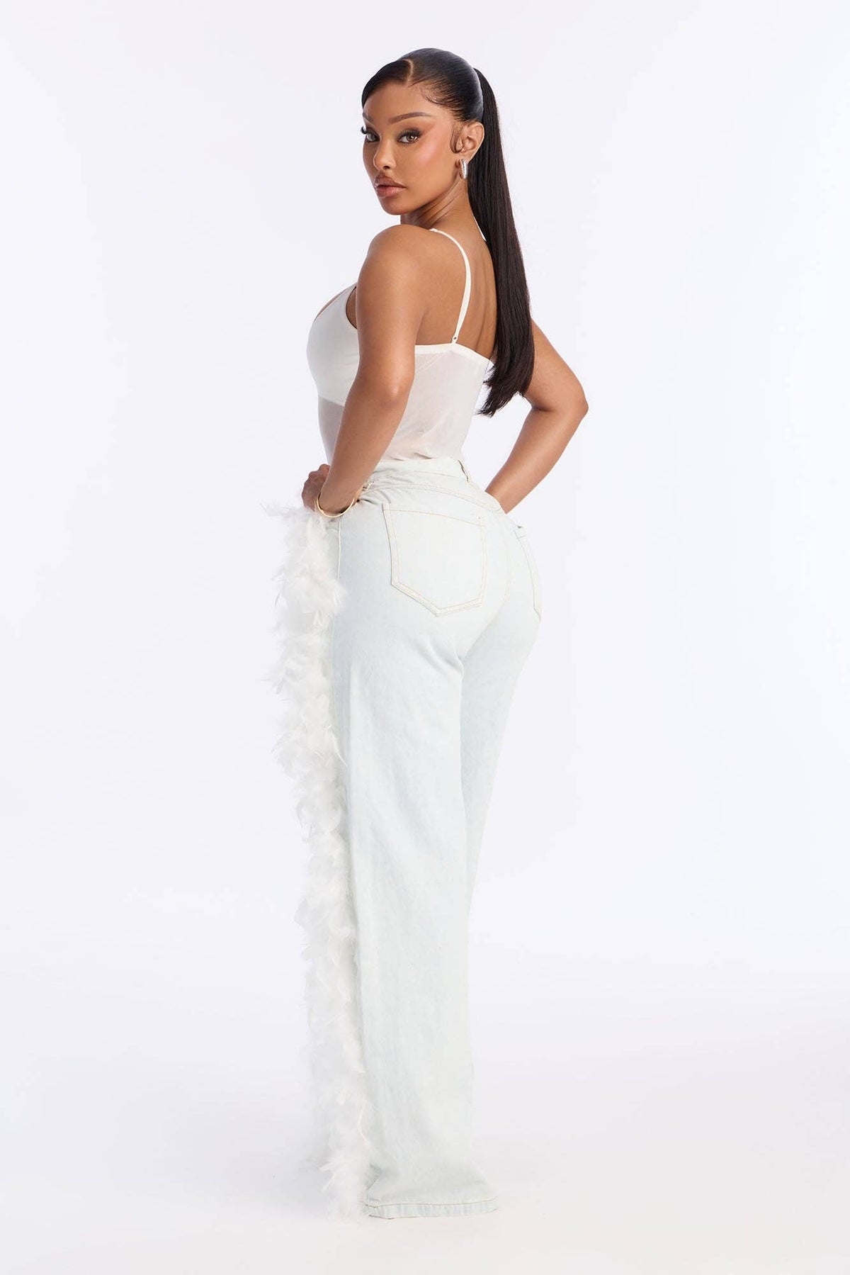 Women's Faux Feather Trim Wide Leg Jeans