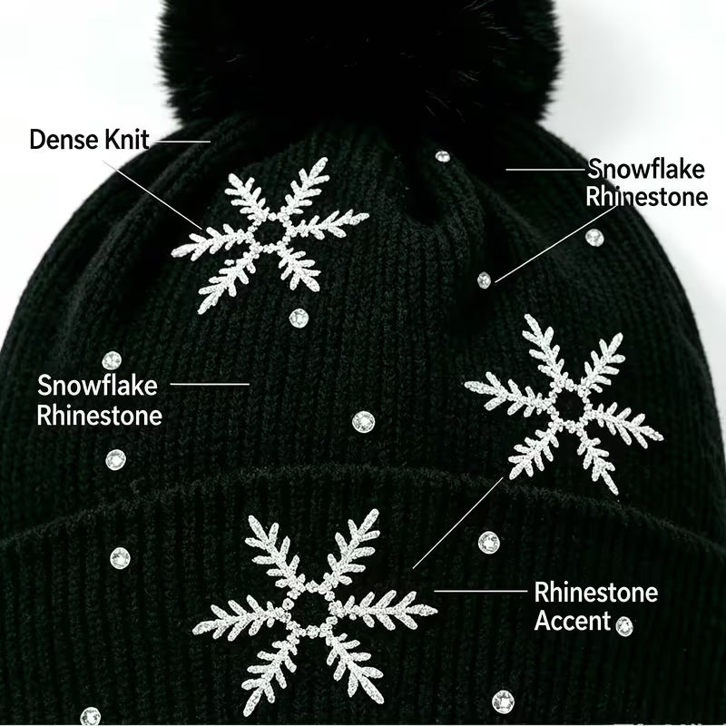 2pcs/1pc Unisex Fall Winter Snowflake Rhinestone Beanie - Fuzzy Pom Beanie, Warm Cold Weather Skull Cap for Men — view 12