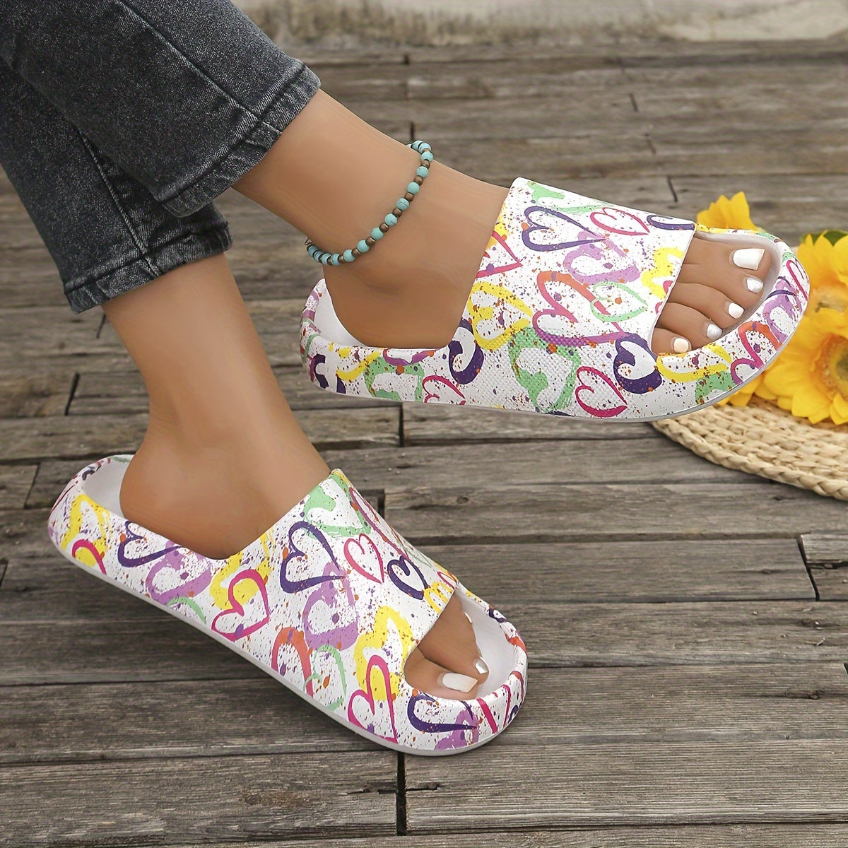 Women's EVA Heart Pattern Slip-Slippers - Thick Sole Non-Slip Outdoor Shoes