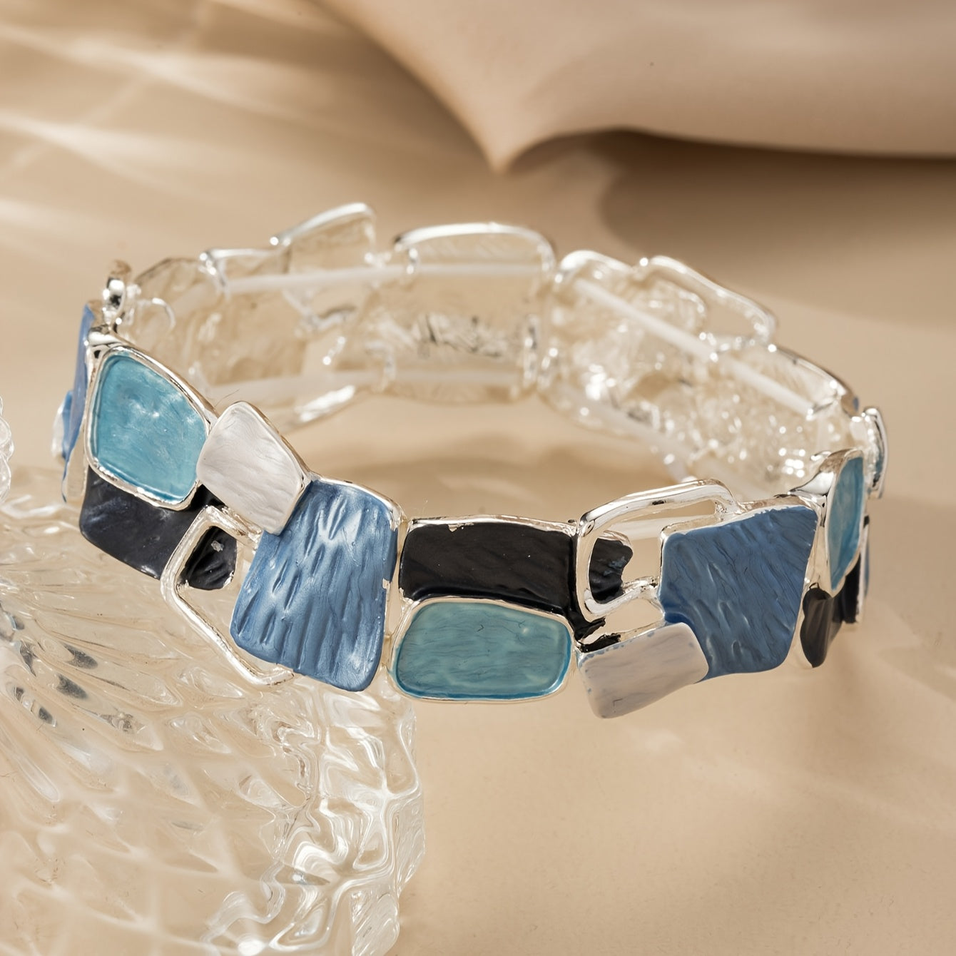 1pc Stretch Bracelet Blue Geometric Square Zinc Alloy Enamel Drip Oil Adjustable Elegant Bohemian Ocean Style Simple Elegant Design Fashionable High-End Feeling Suitable for Daily Beach Vacation And Daily Wear Accessories