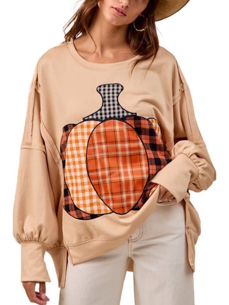 Plaid Pumpkin Patchwork French Terry Sweatshirt