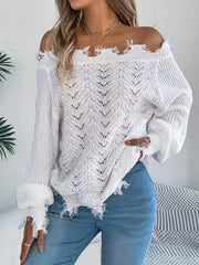 Solid Color Off Shoulder Sweater, Casual Long Sleeve Sweater For Fall & Winter, Women's Clothing — view 9