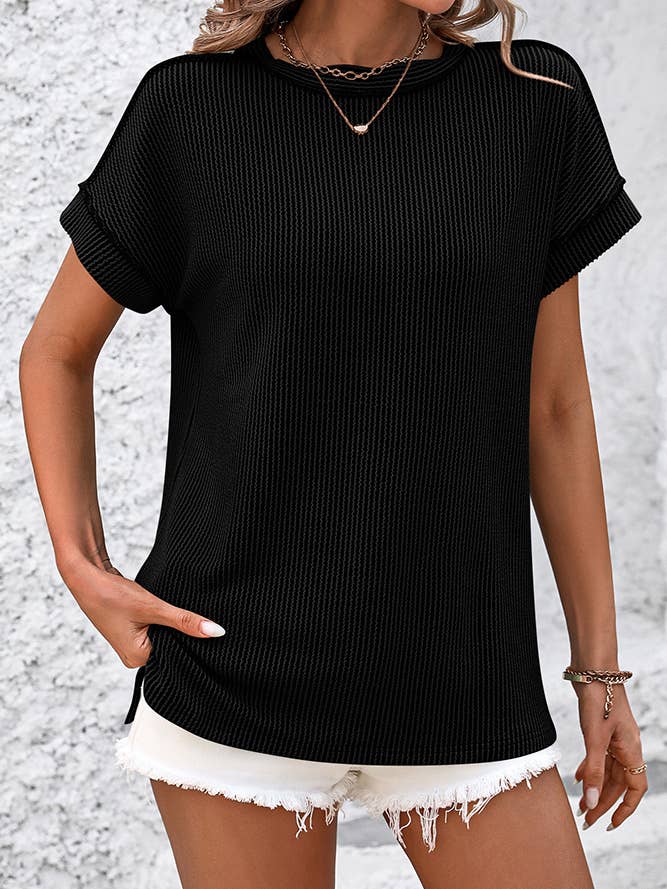 Ribbed Knitting Stitching Outside Round Neck Top MD121