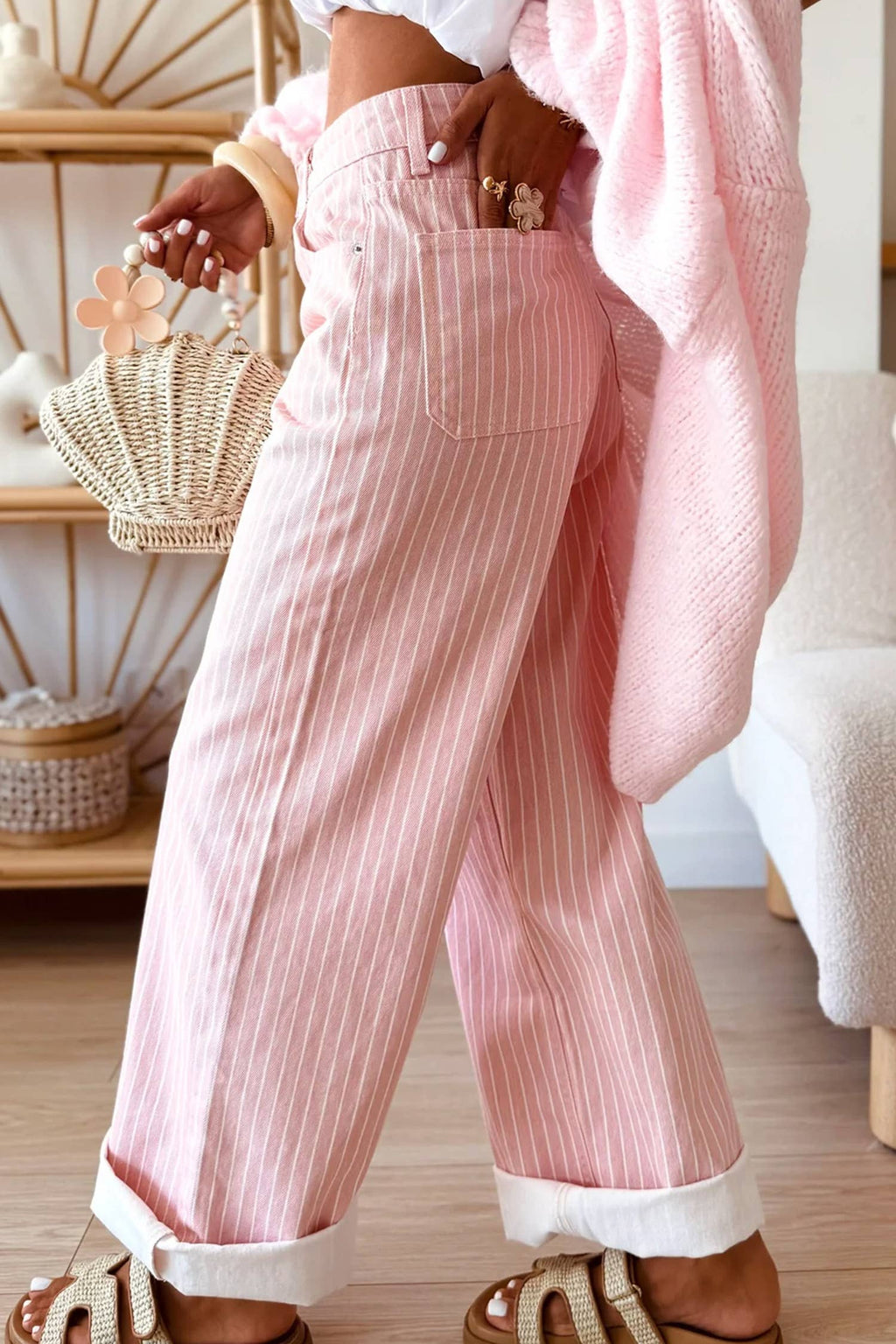 Women's Stripe Button High Waist Wide Leg Jeans