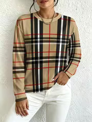 Women's Long Sleeve Drop Shoulder T-Shirt, Classic Plaid Pattern, Timeless Aesthetic Style, Suitable for Daily — view 2