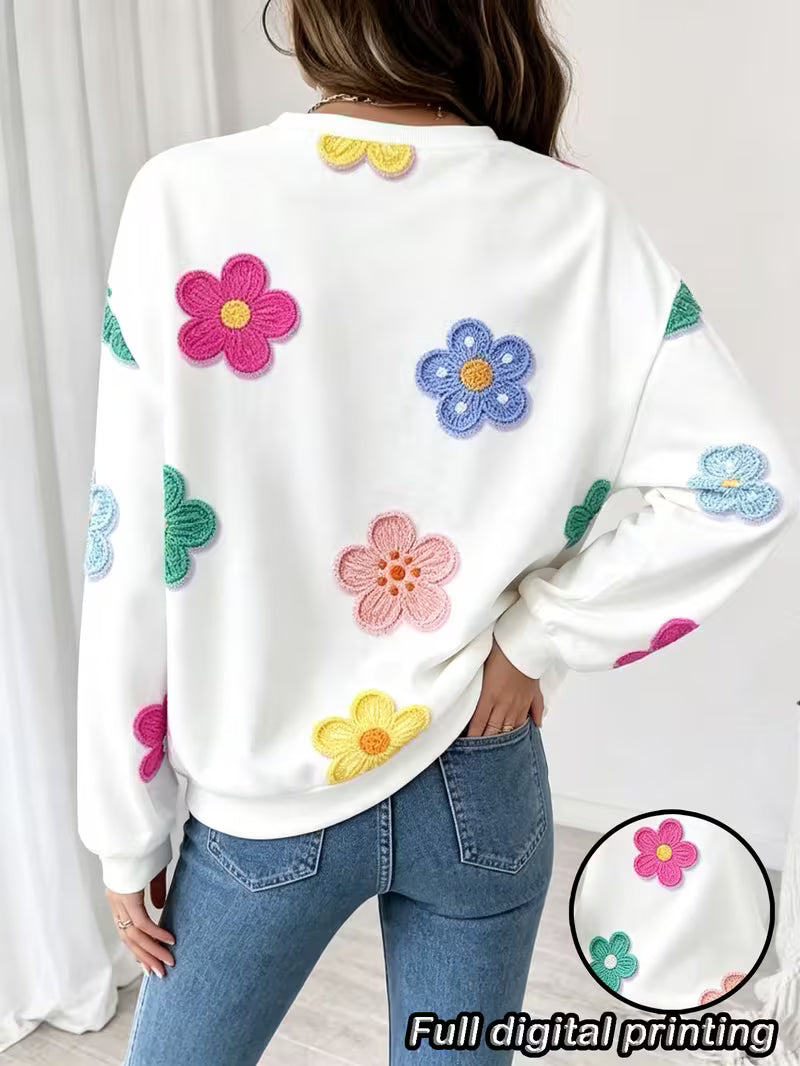 Women'S Loose Round Neck Full Print Sweatshirt, Floral Print Long Sleeve Pullover, Oversized Drop Shoulder — view 7