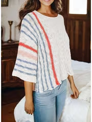 Women's Lightweight Comfy Cable Pullover Sweater - Color Block Striped Boho Chic Off-Shoulder/Boat Neck, Soft — view 4