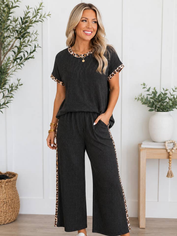 The Private Wing | Charcoal Leopard-Trim Ribbed Lounge Set — view 1 of 3