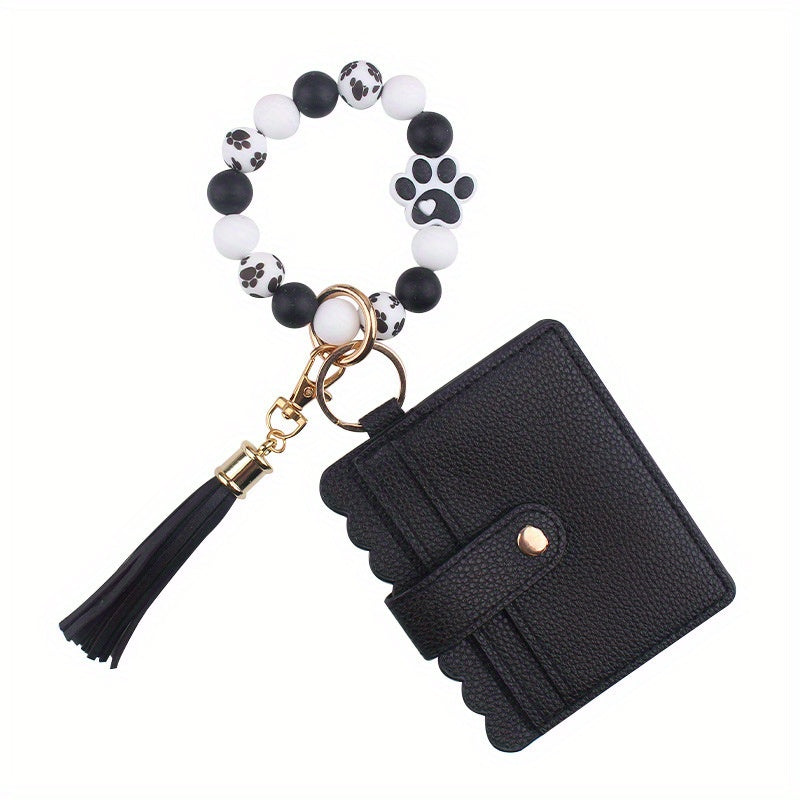 Dog Paw with PU Card Holder Accessory, Tassel Keychain Bracelet Bead Pendant
