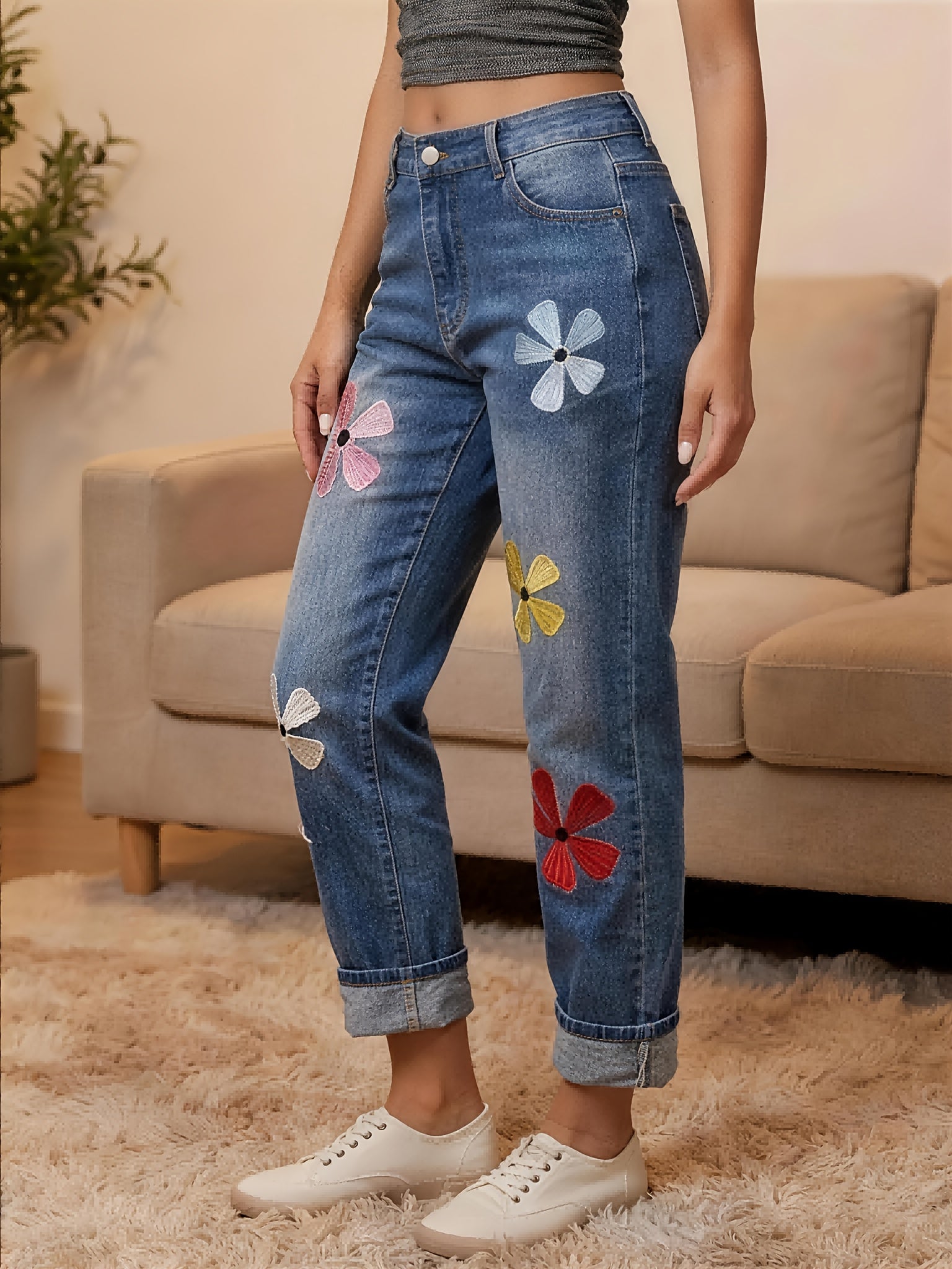 Floral Rolled-up Hem Denim Cropped Carrot Pants, Tapered Shape with Rolled Hem, Women's Elastic Side Panels