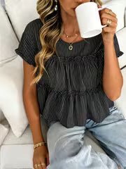 Casual Temperament Charming Fashion Striped Ruffled Short Sleeve Round Neck Top, Casual Easy Striped Round Neck — view 4
